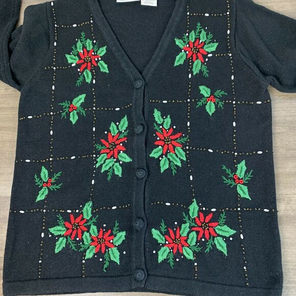 VTG Basic Edition Ugly Sweater Cardigan Holiday Embroidered Poinsettias Small - Picture 3 of 10